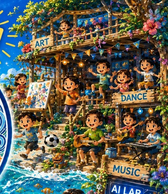 ツリーハウスの秘密基地でアートやダンスを楽しむ子どもたち