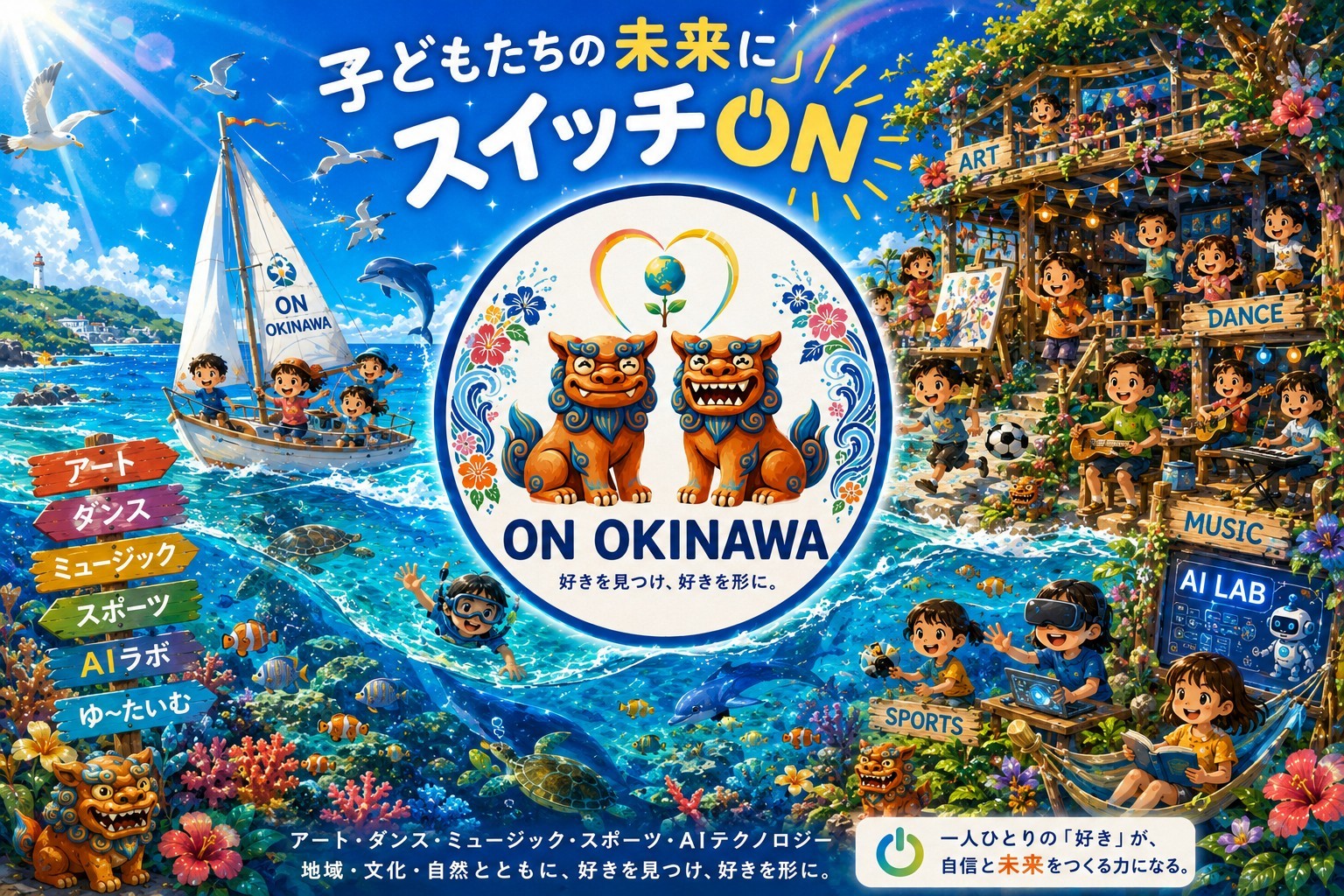 沖縄の海とサンゴ礁、ヨットや秘密基地のツリーハウスで遊び学ぶ子どもたちとシーサーのキャラクター